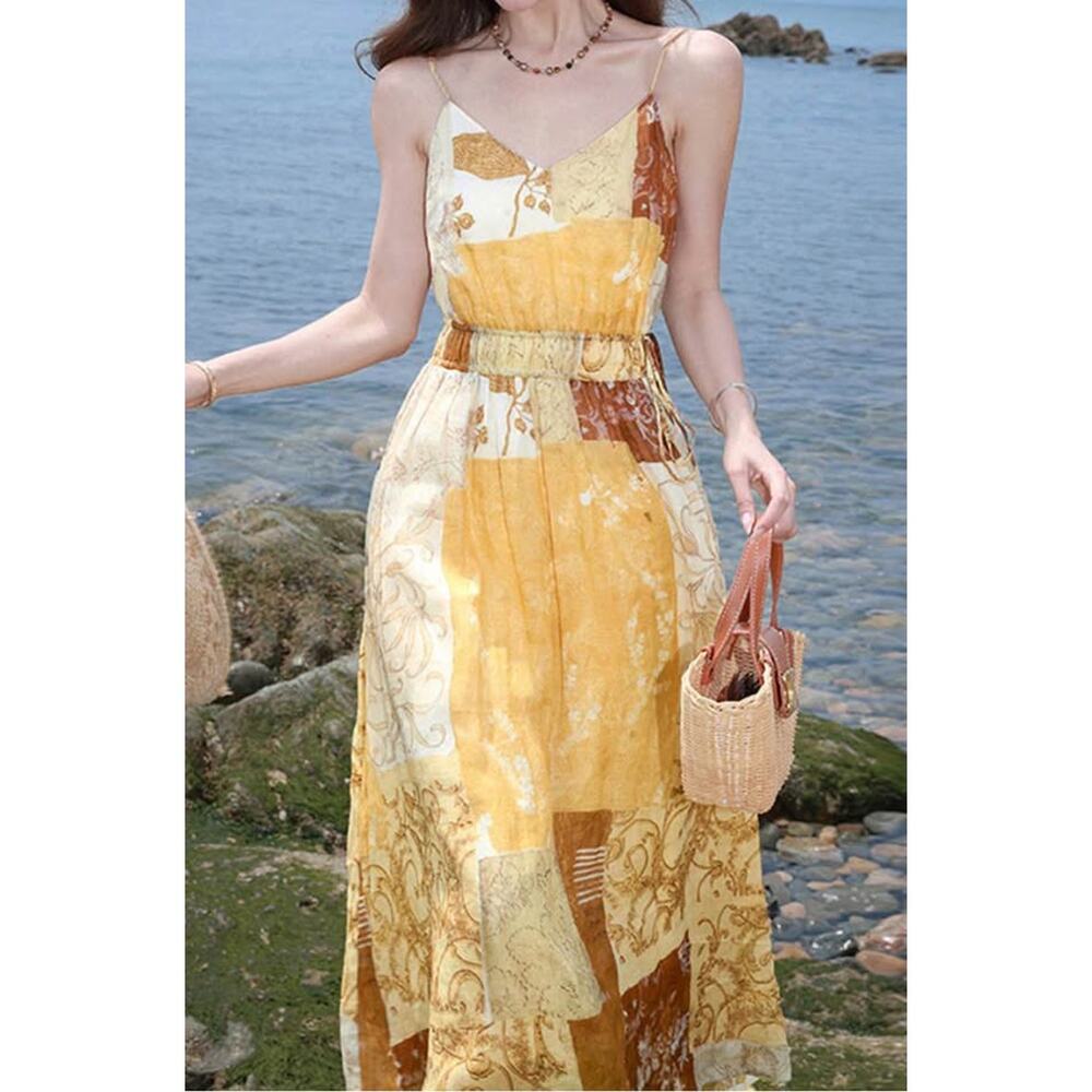 Meizishule Women’s Size Medium Patchwork Drawstring Waist Midi Dress